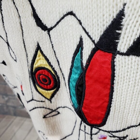 Vintage  80s Embroidered Abstract Line Art Scoop Neck Sweater Measures Medium - Picture 3 of 15